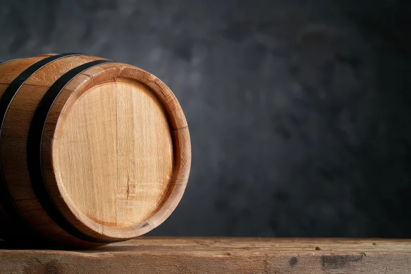 Wooden barrel resting on rustic wooden table with dark textured backdrop
