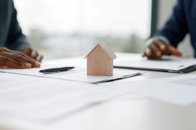 Wooden house model on desk surrounded by documents and pens during a real estate meeting