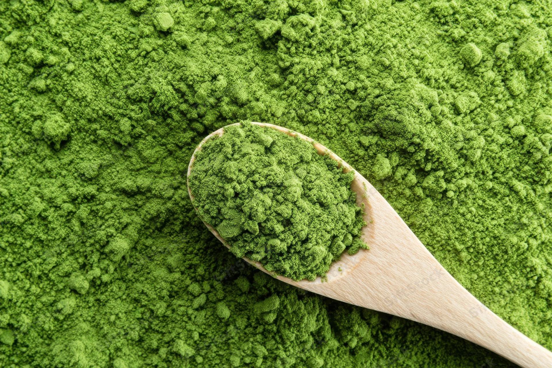 Wooden spoon filled with vibrant green matcha powder resting on a pile of the same powder