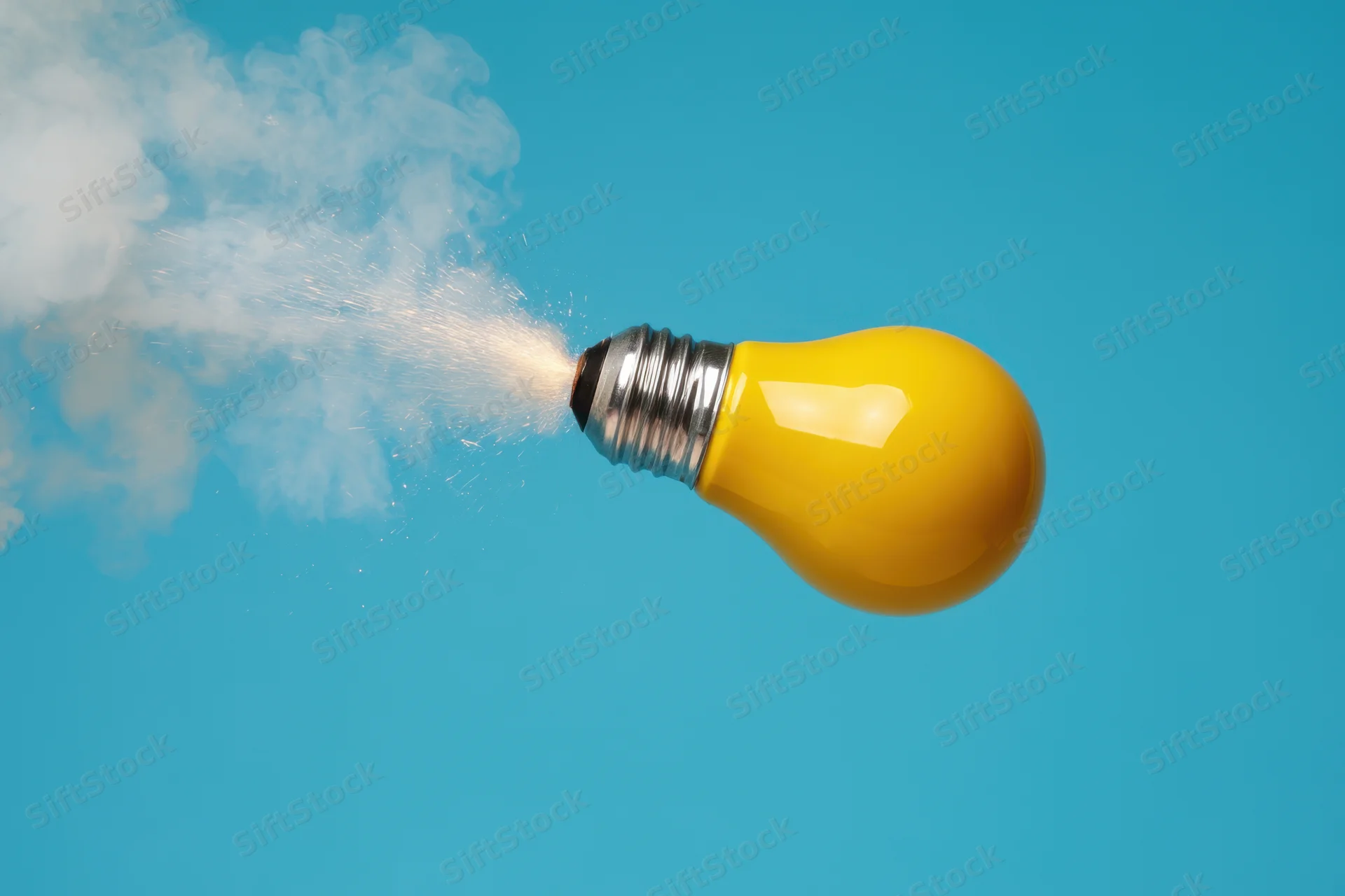Yellow lightbulb launching like a rocket with smoke against blue background