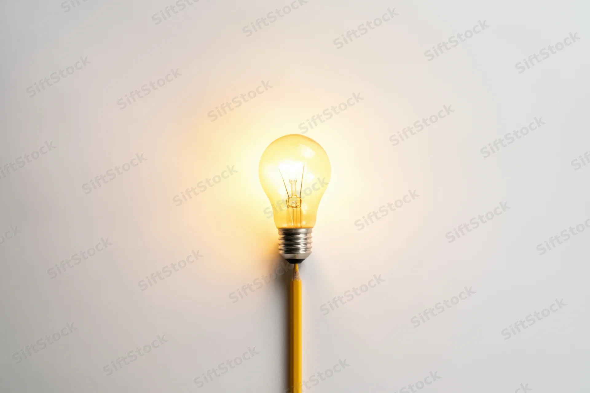 Glowing lightbulb attached to a yellow pencil against a white background