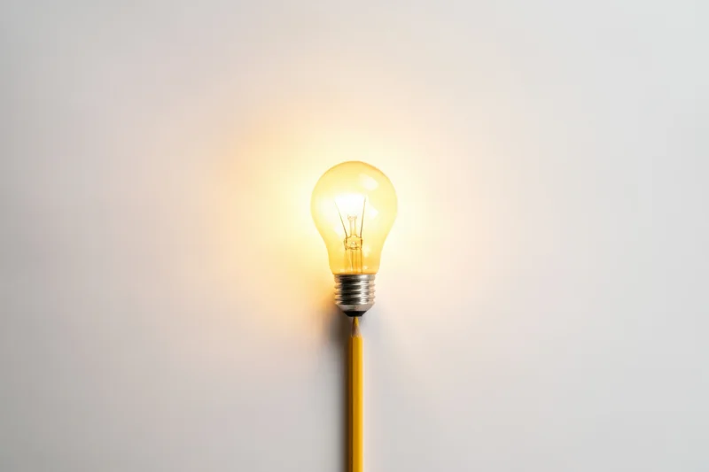 Glowing lightbulb attached to a yellow pencil against a white background