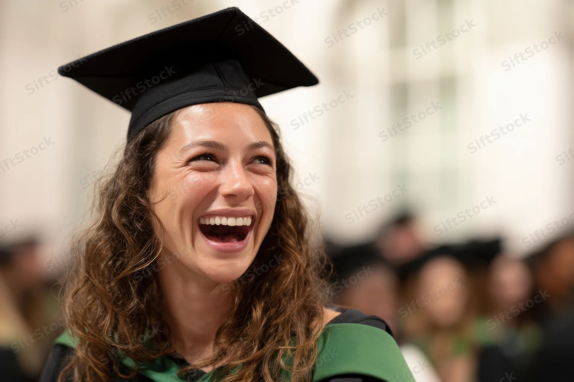 Young woman in graduation cap and gown laughing joyfully at ceremony
