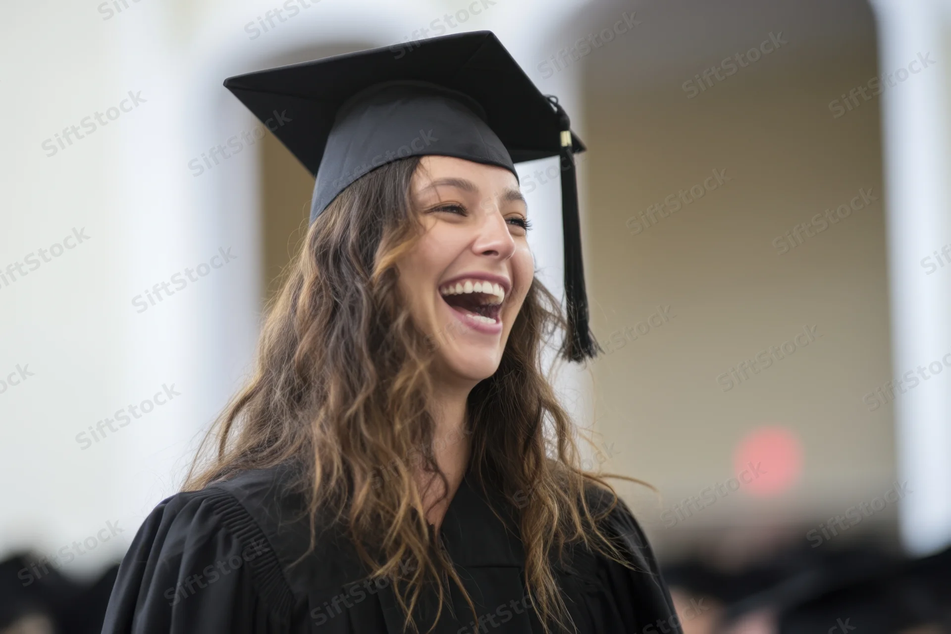 Young woman in graduation cap and gown laughing joyfully at outdoor ceremony