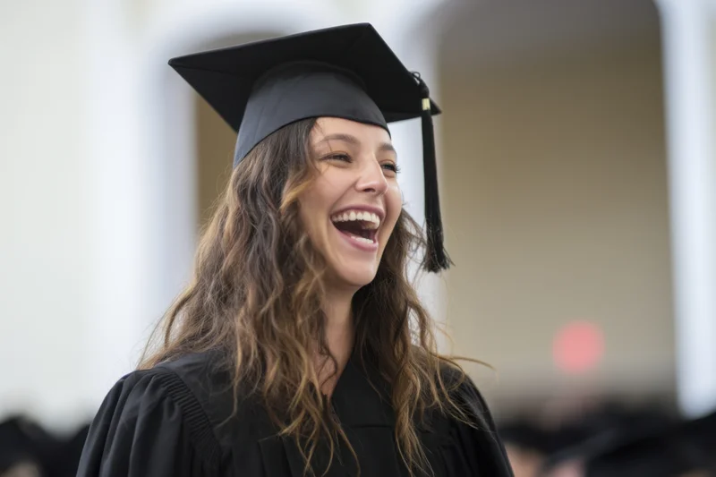 Young woman in graduation cap and gown laughing joyfully at outdoor ceremony