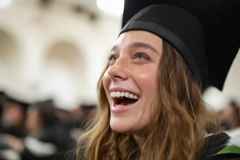 Young woman in graduation cap and gown laughing joyfully during ceremony