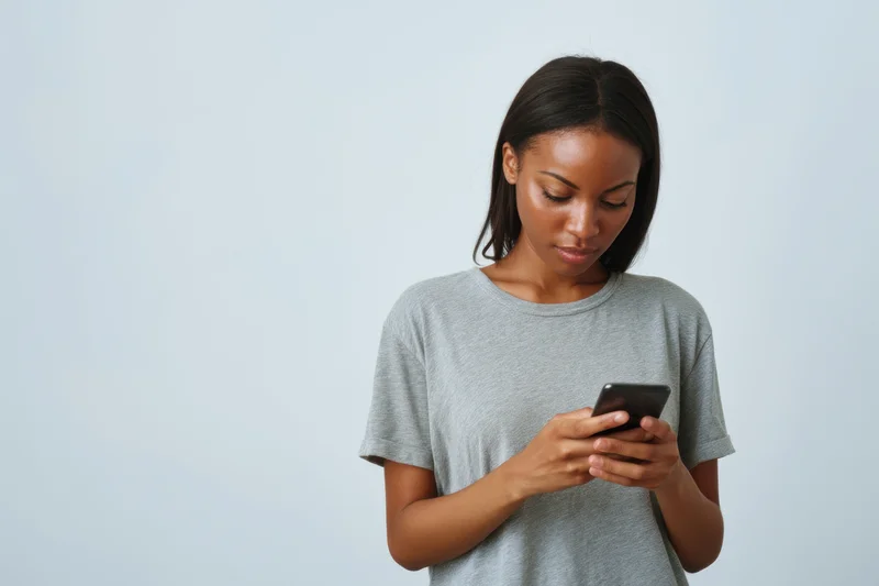 Young woman in gray t-shirt focused on her smartphone against light background