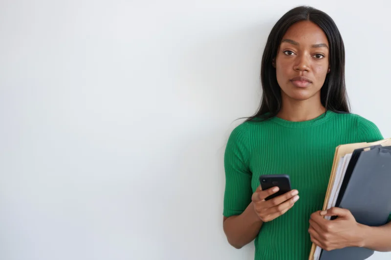 Young black woman in green ribbed top holding smartphone and folders against white wall