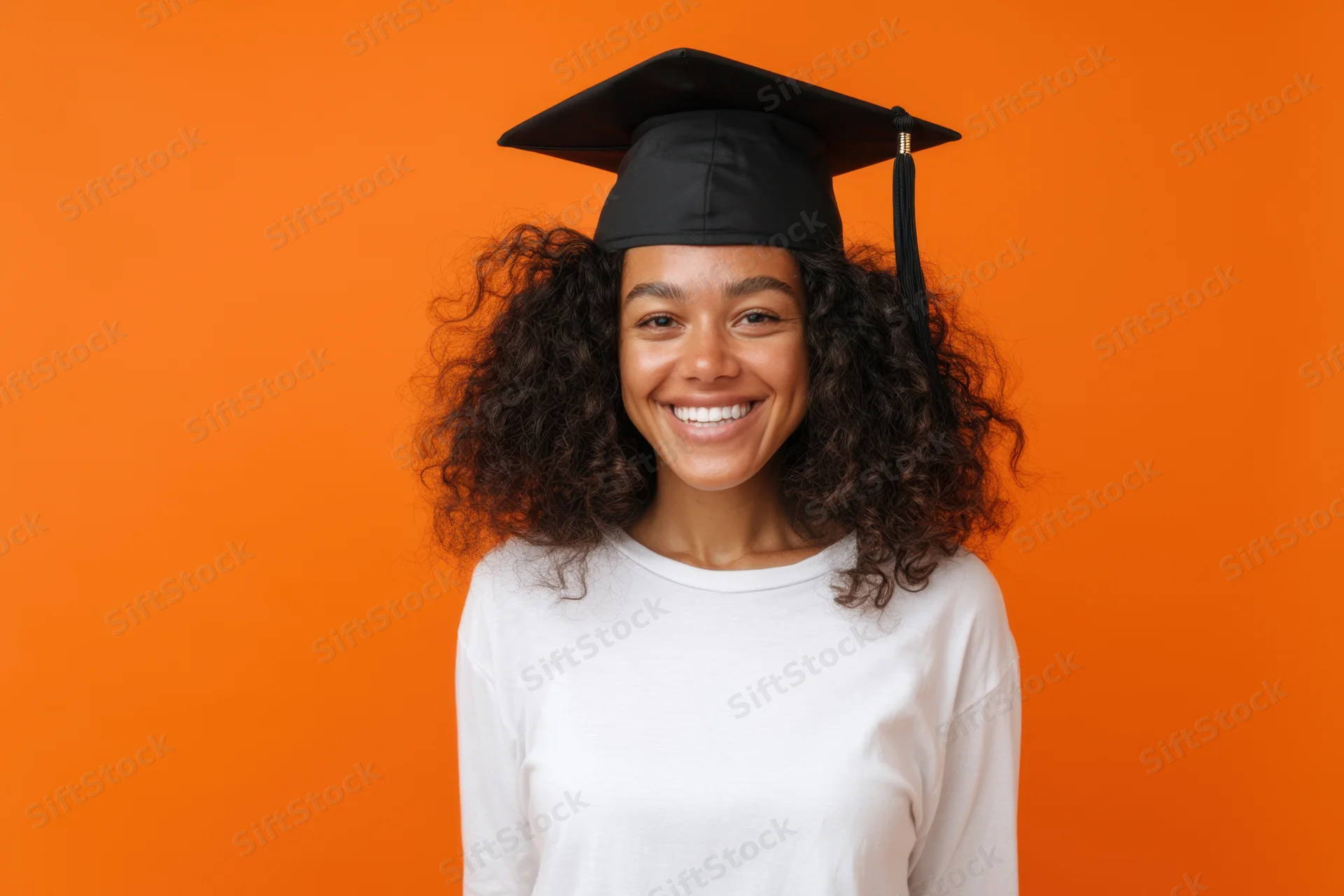 Young woman smiling while wearing a graduation cap against orange background