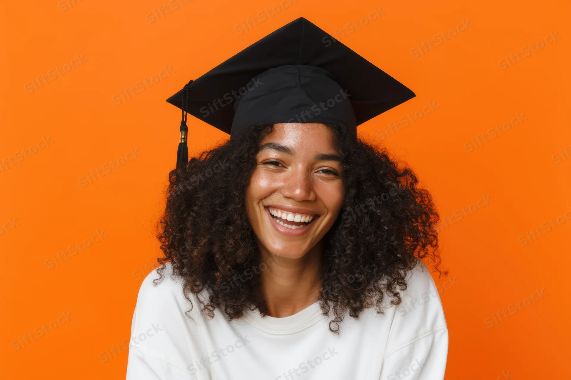 Young black woman smiling while wearing a graduation cap against orange background