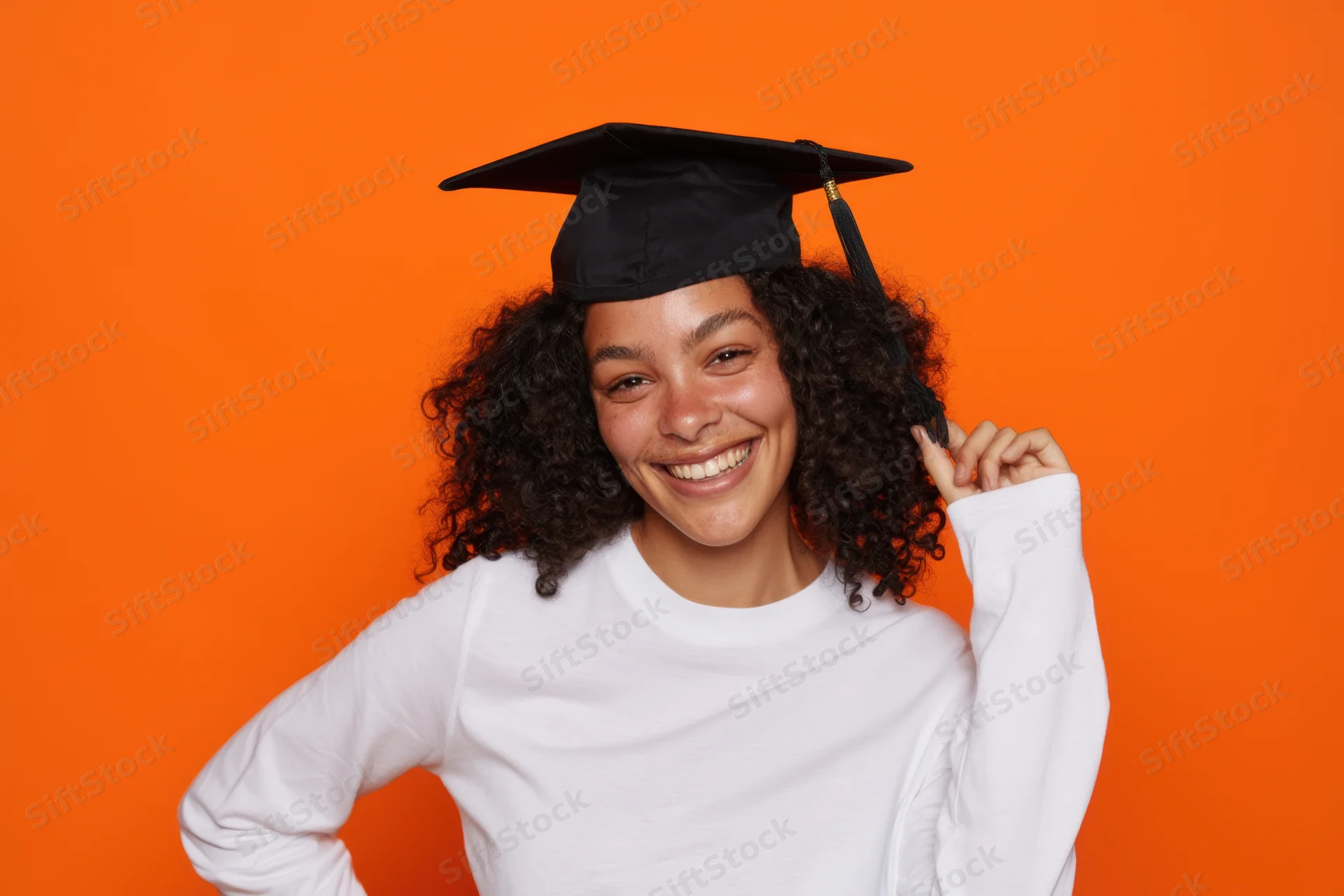 Young woman smiling while wearing a graduation cap against orange background