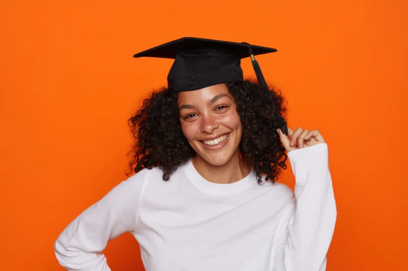 Young woman smiling while wearing a graduation cap against orange background