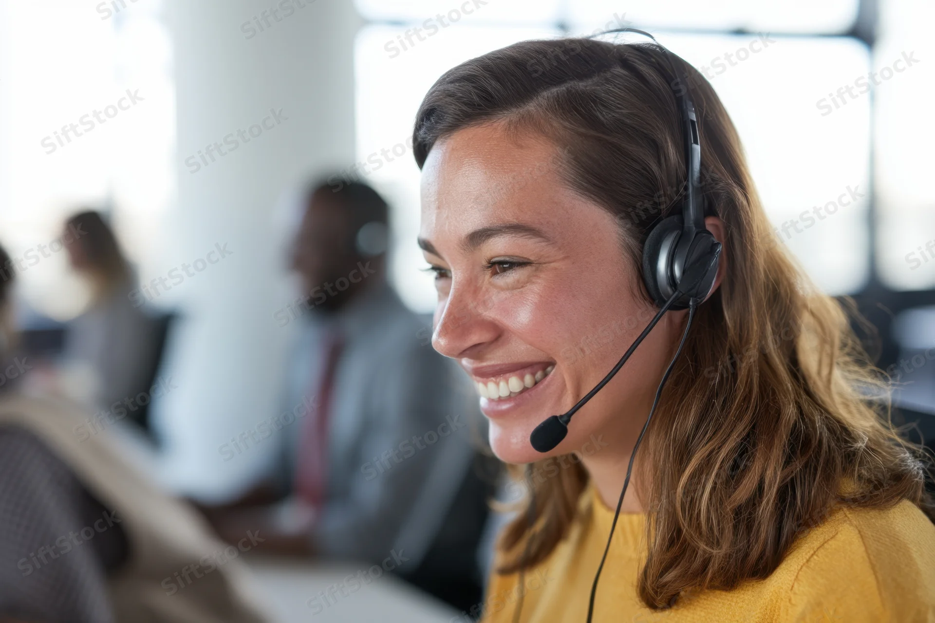 Woman wearing headset smiling while working in office call center
