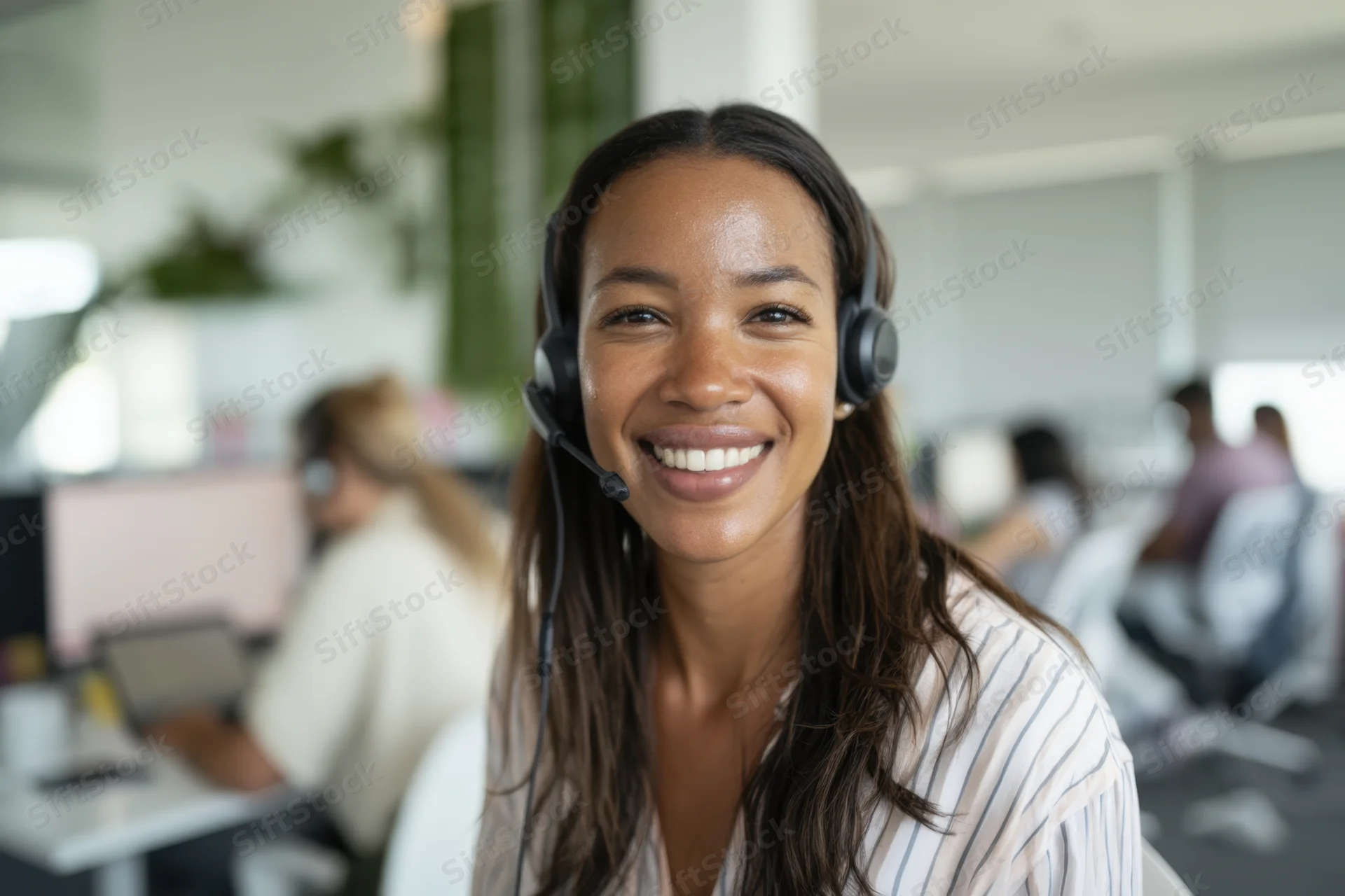 Young woman wearing headset smiling while working in office environment