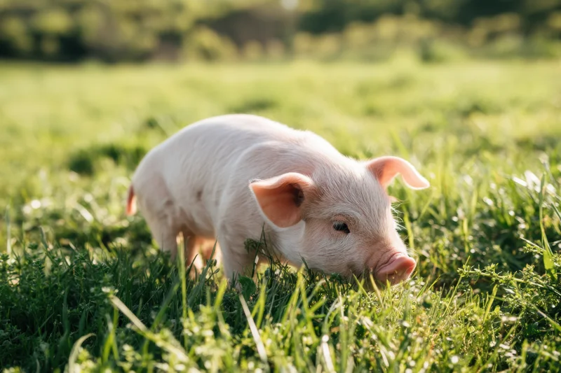 Piglet exploring lush green field in sunlight