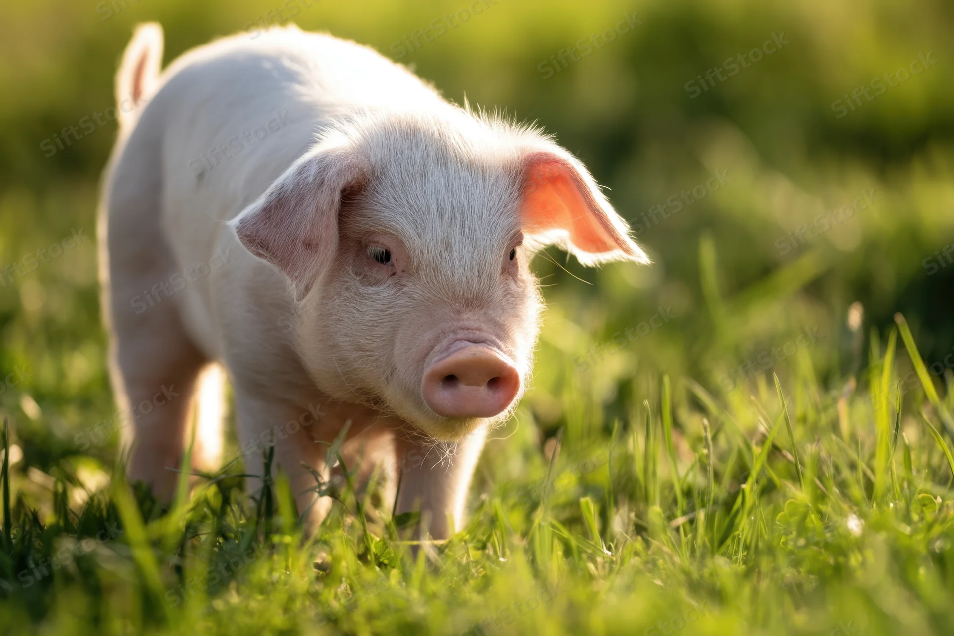 Piglet exploring lush green field in sunlight
