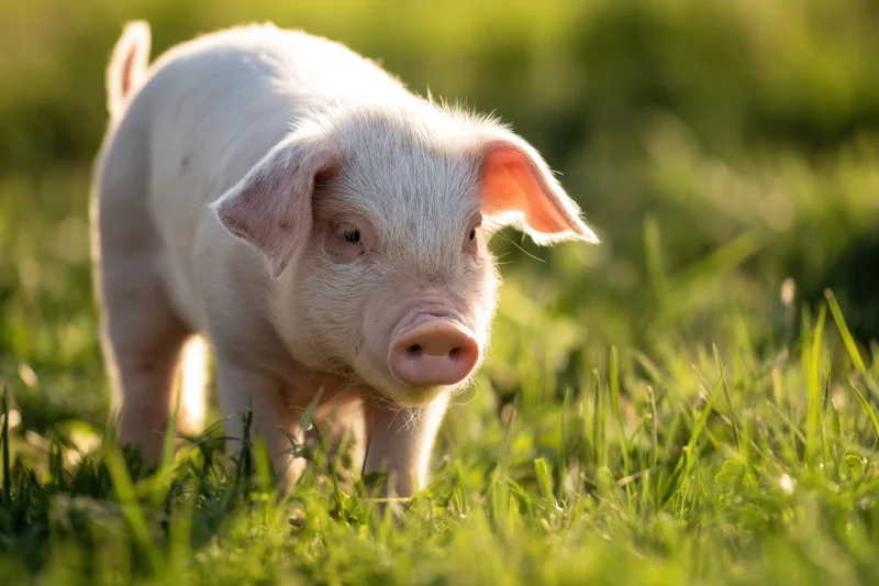 Piglet exploring lush green field in sunlight