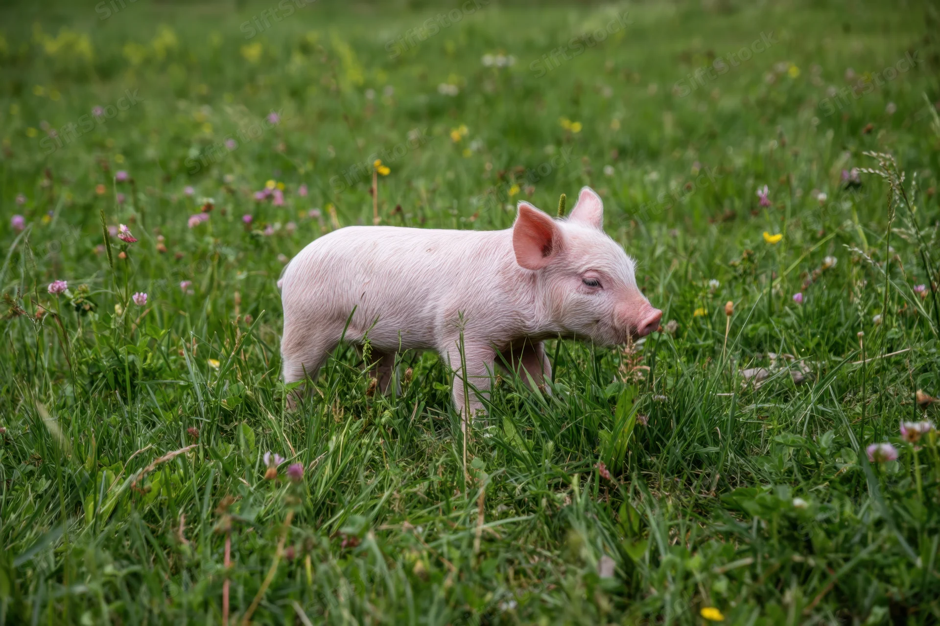 Pink piglet foraging in a lush green pasture with wildflowers