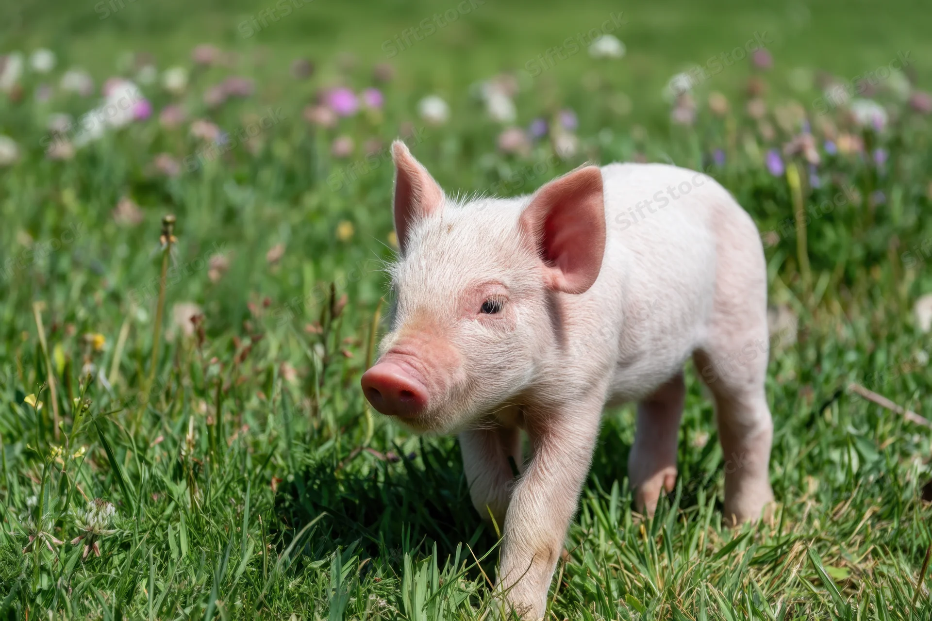 Pink piglet walking through lush green grassy field