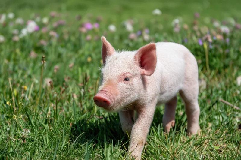 Pink piglet walking through lush green grassy field