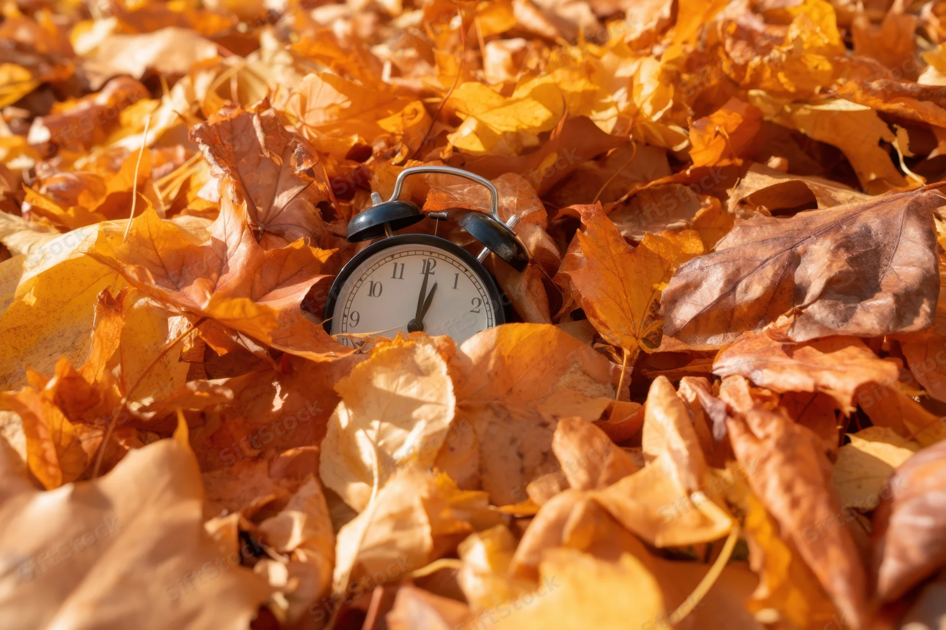 Alarm clock resting on a bed of autumn leaves outdoors