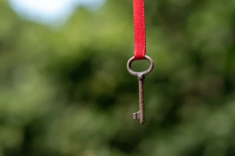 Antique key hanging from red ribbon against blurred green foliage