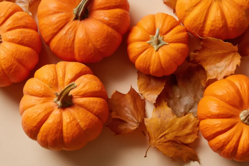 Arrangement of orange pumpkins and dried autumn leaves on a light surface