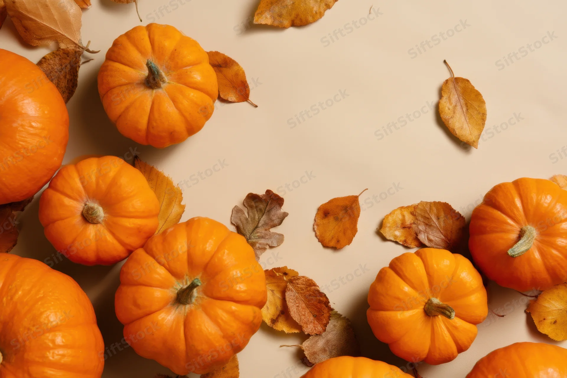 Arrangement of orange pumpkins and dried autumn leaves on a beige surface with copyspace