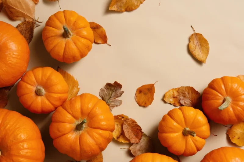 Arrangement of orange pumpkins and dried autumn leaves on a beige surface with copyspace