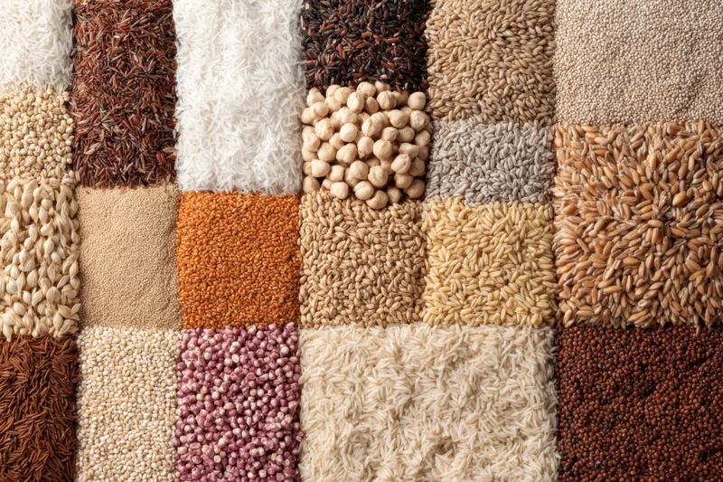 An array of various grains and seeds arranged in a grid pattern for display
