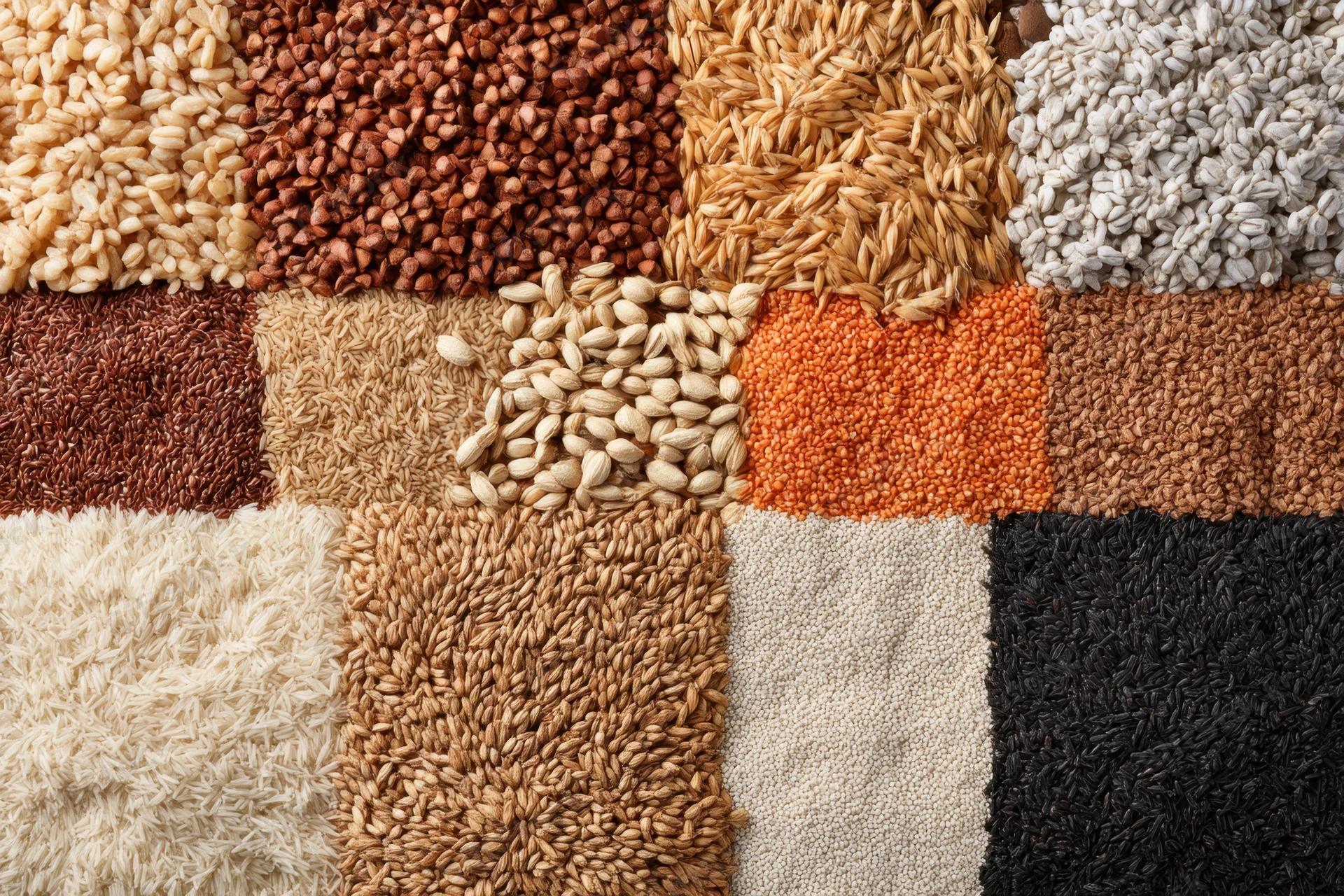 Various grains and seeds arranged in a grid pattern for display