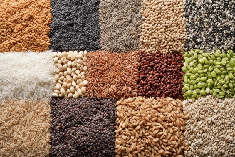 An array of various grains and seeds arranged in a grid pattern on a flat surface