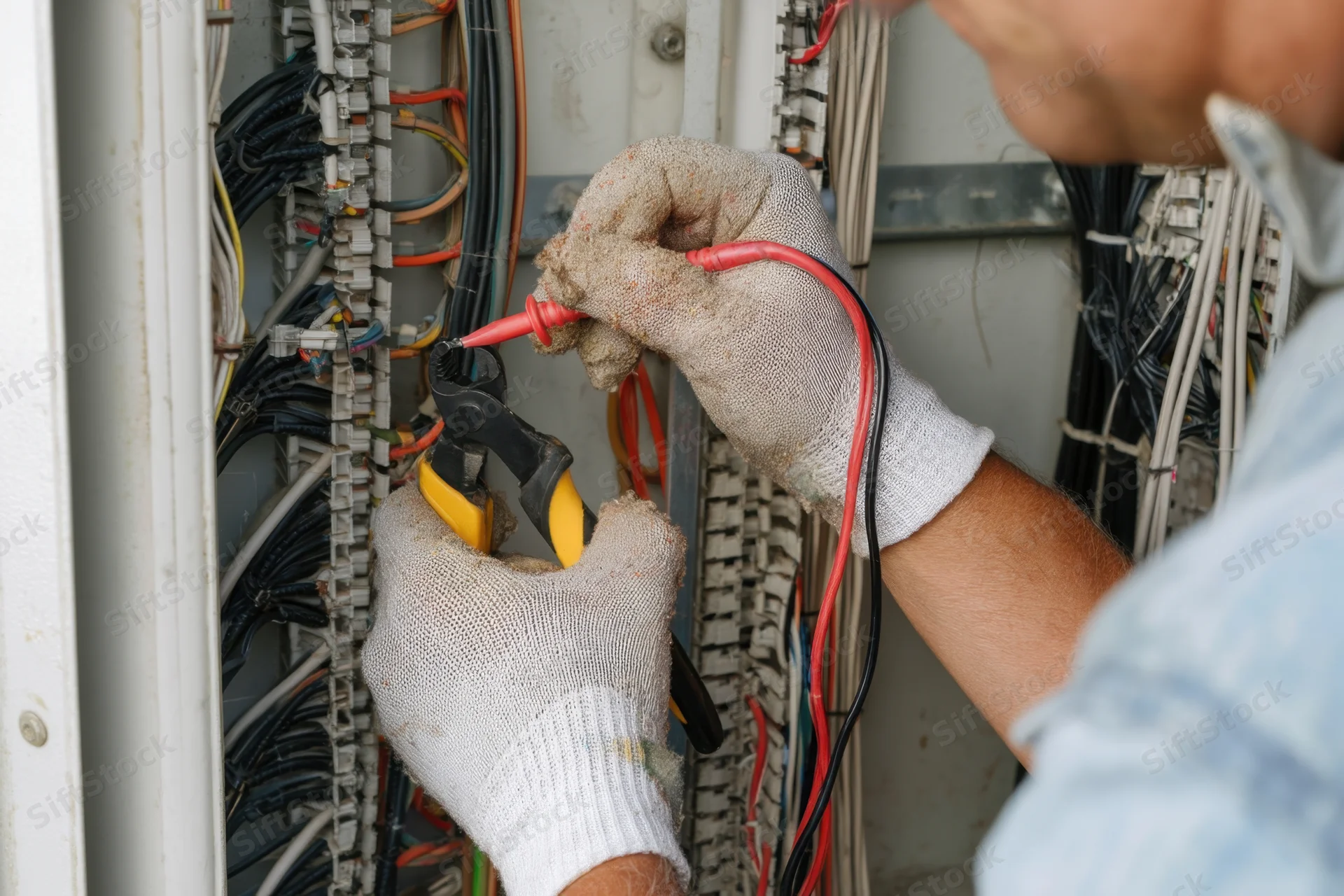 Electrician using pliers to strip and connect wires in an electrical panel