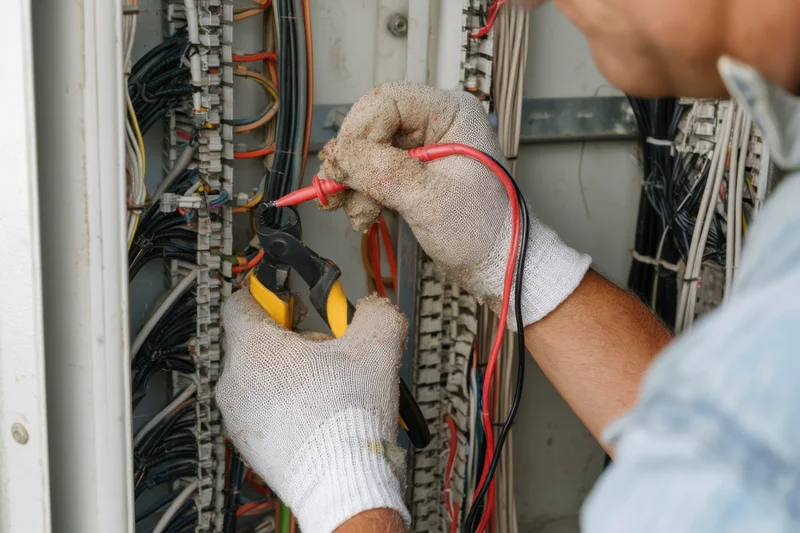 Electrician using pliers to strip and connect wires in an electrical panel
