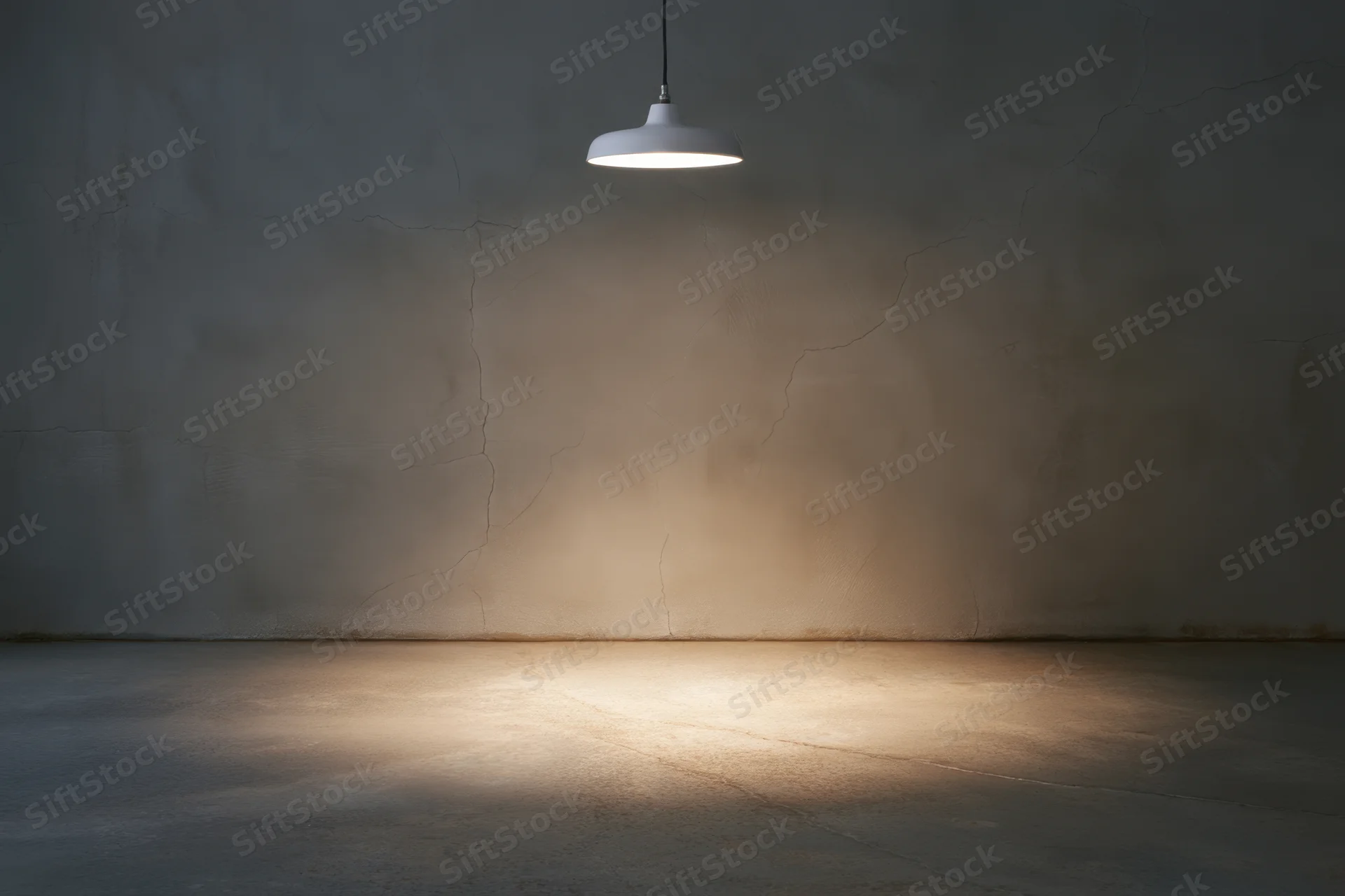 Pendant light hanging over empty concrete room with cracked wall and illuminated floor