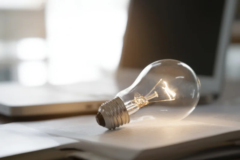 Illuminated lightbulb resting on open book on desk with laptop in background