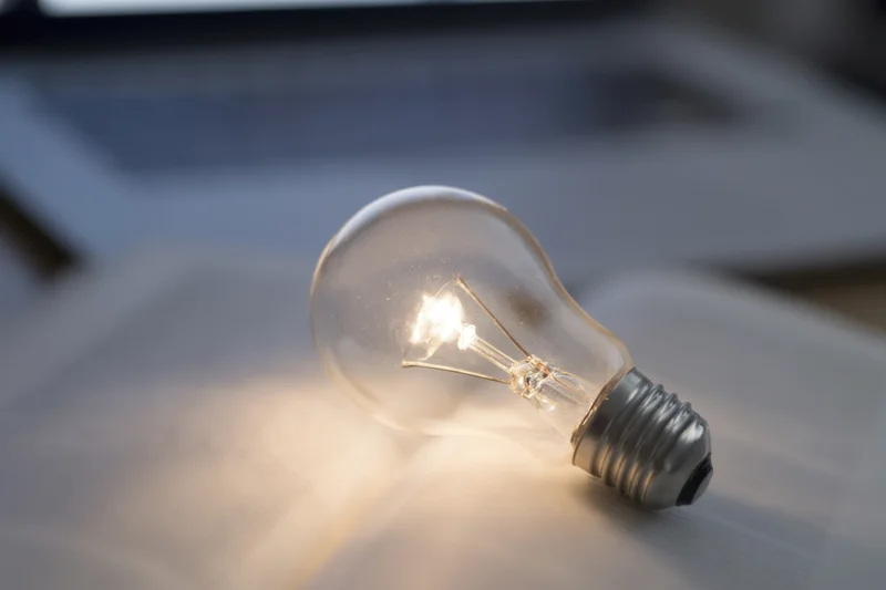 Illuminated lightbulb resting on open book on desk