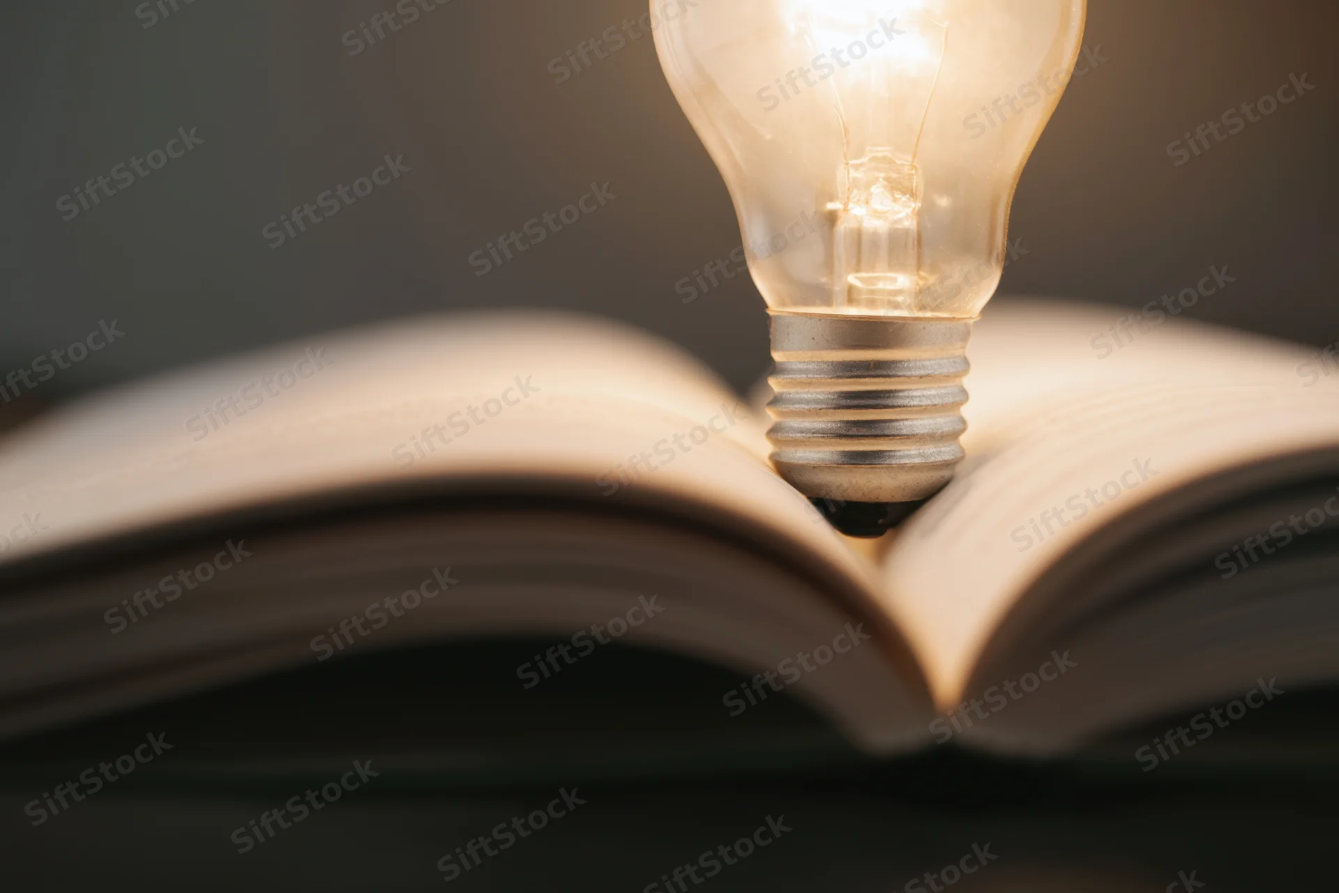 Glowing lightbulb resting on open book pages with soft illumination