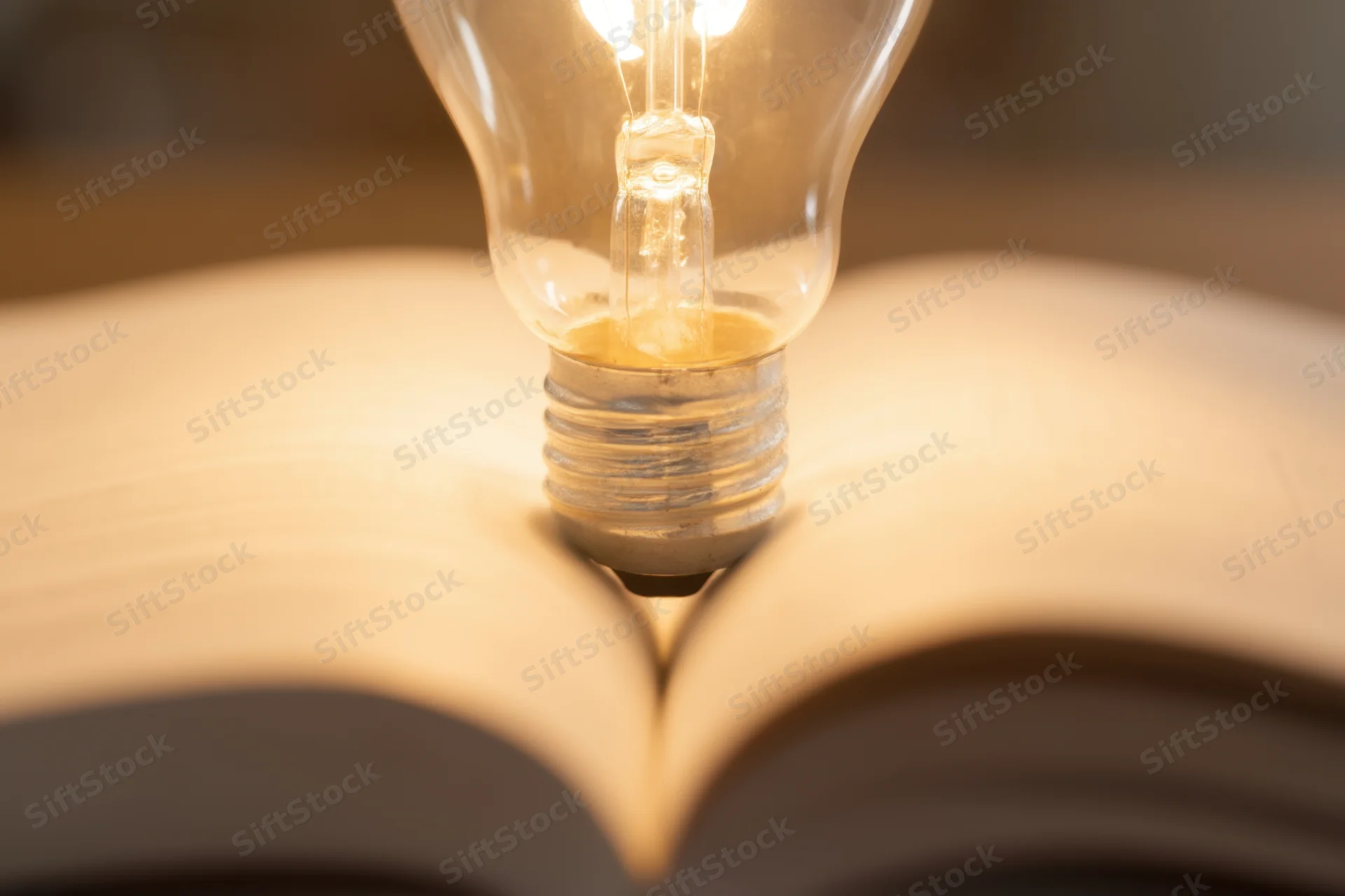 Lightbulb glowing above open book pages with warm illumination