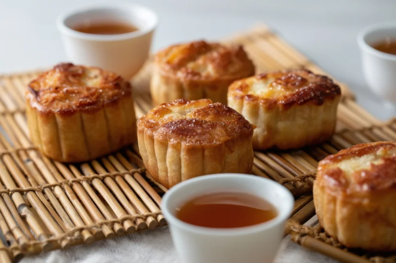 Mooncakes arranged on a bamboo mat with tea cups beside them