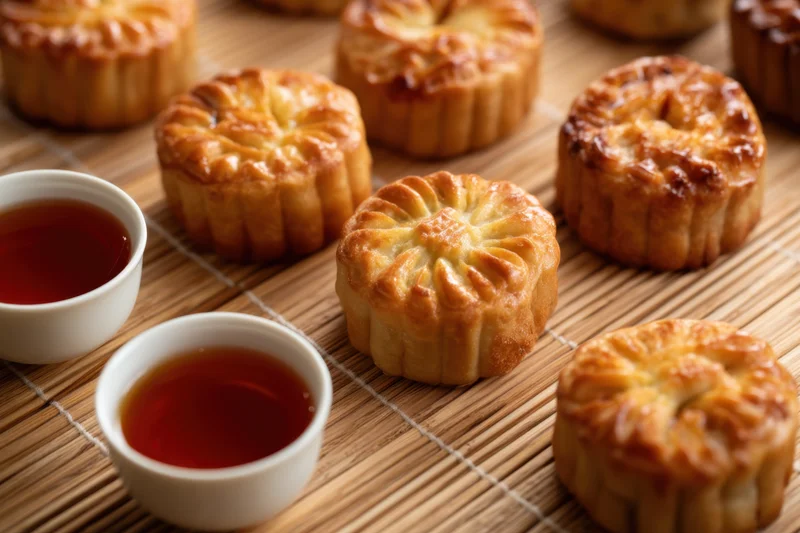 Mooncakes arranged on a bamboo mat with tea cups beside them
