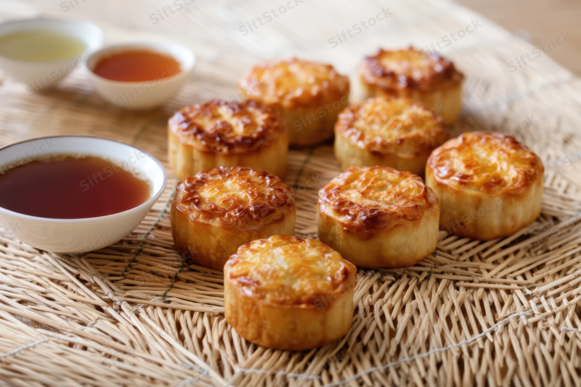 Mooncakes arranged on a woven bamboo mat with tea and dipping sauces nearby