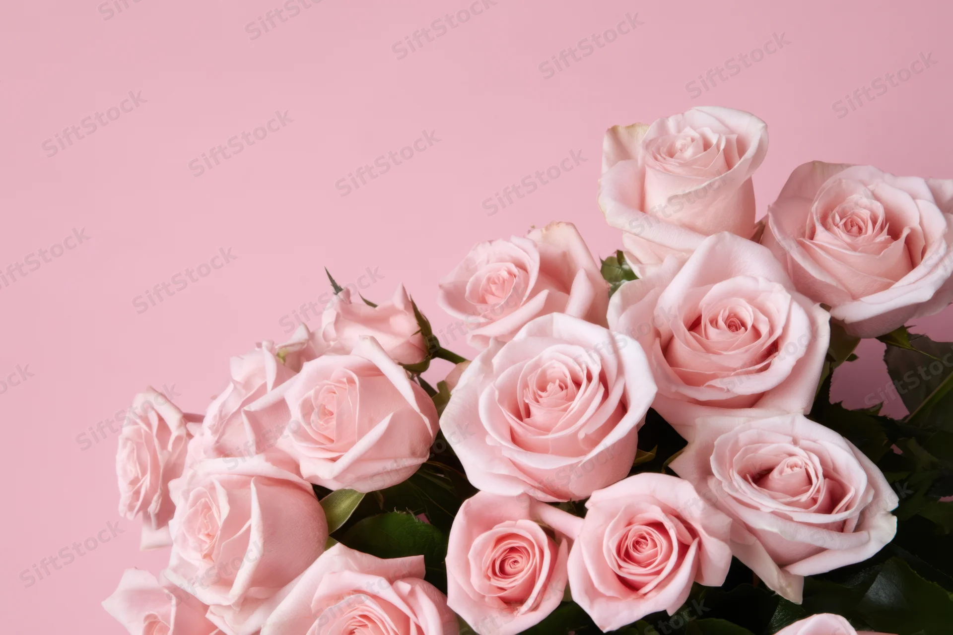 Delicate pink roses arranged in a bouquet against a soft pink background