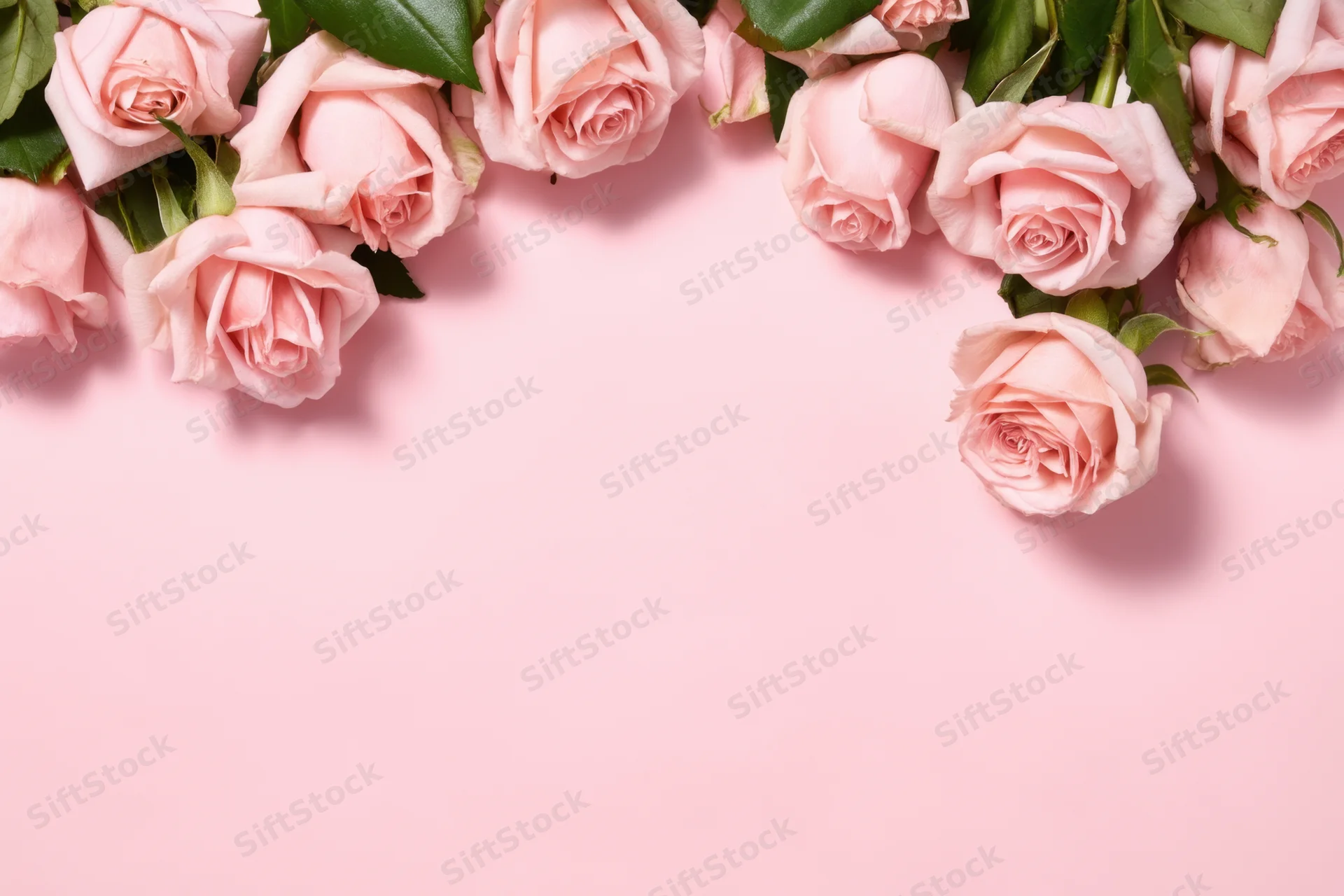 Pink roses arranged in a curved border on a soft pink background with copyspace