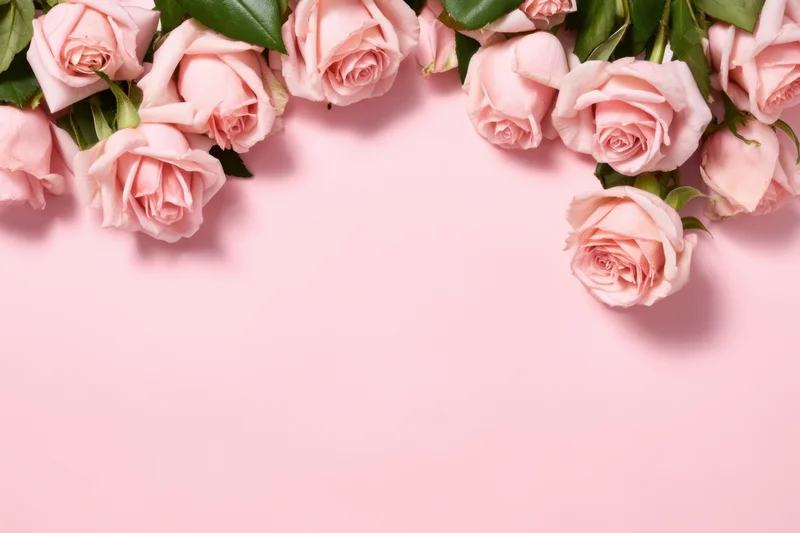 Pink roses arranged in a curved border on a soft pink background with copyspace