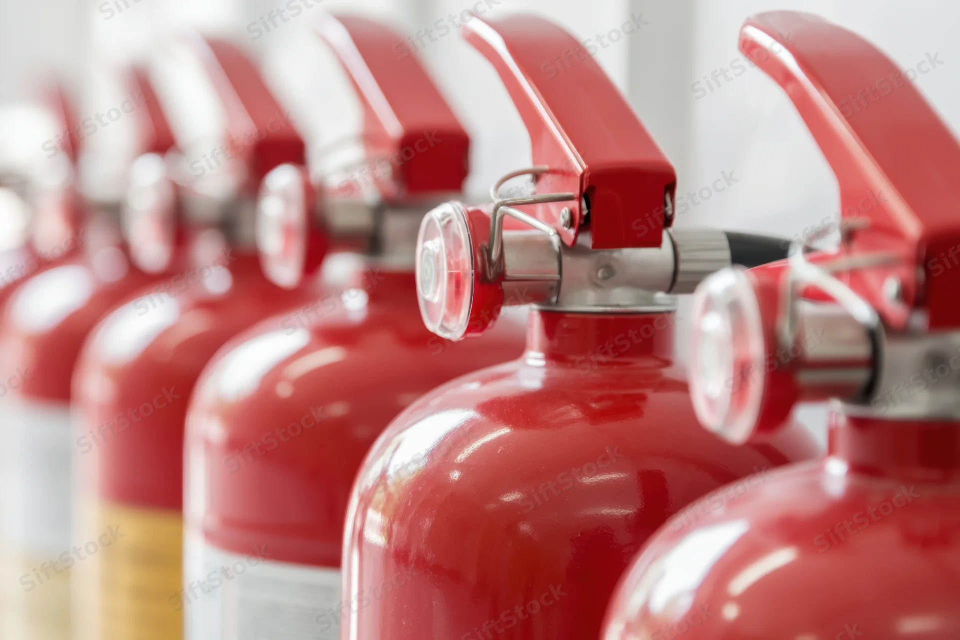 Multiple red fire extinguishers arranged in a row for safety display