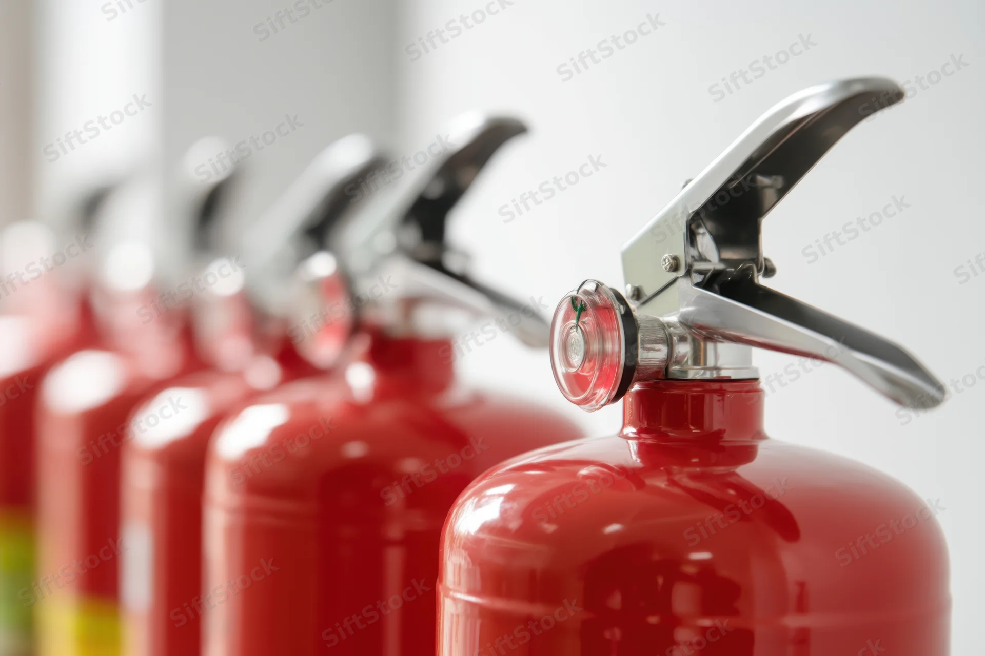 Row of red fire extinguishers arranged closely in indoor setting with white background and copyspace