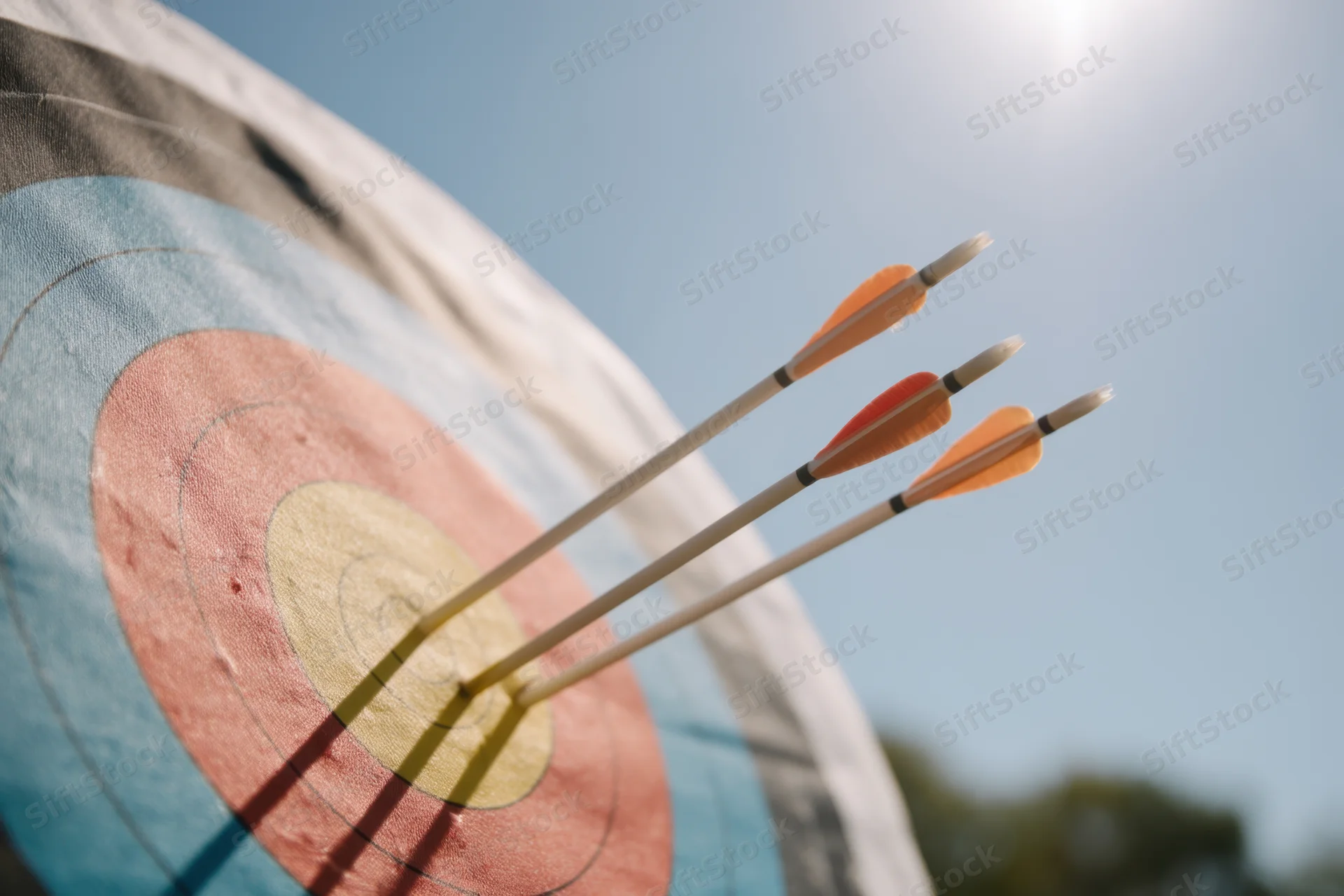 Three arrows embedded in the center of a colorful archery target under bright sunlight