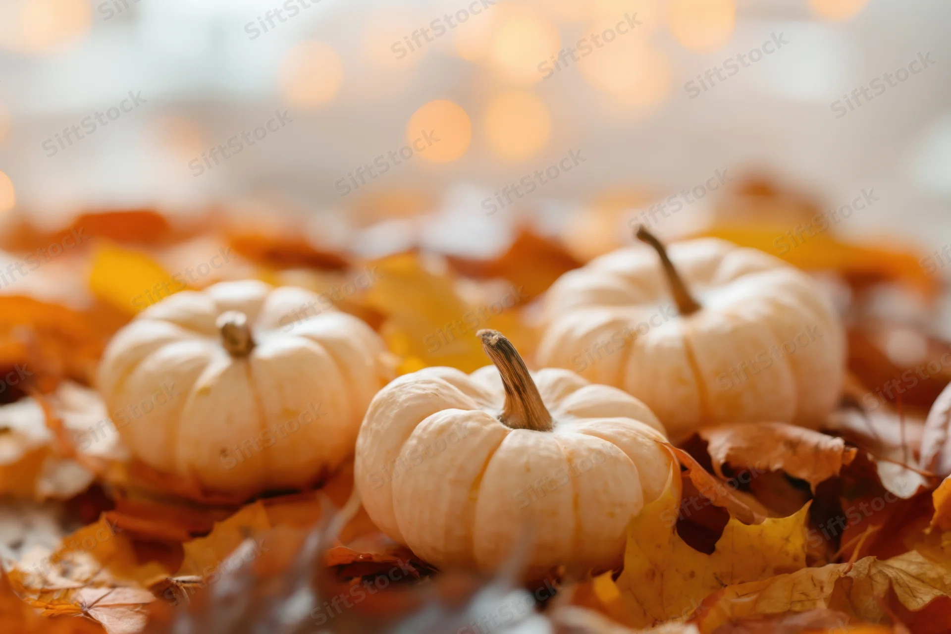 Three pale pumpkins nestled among autumn leaves on a softly lit surface