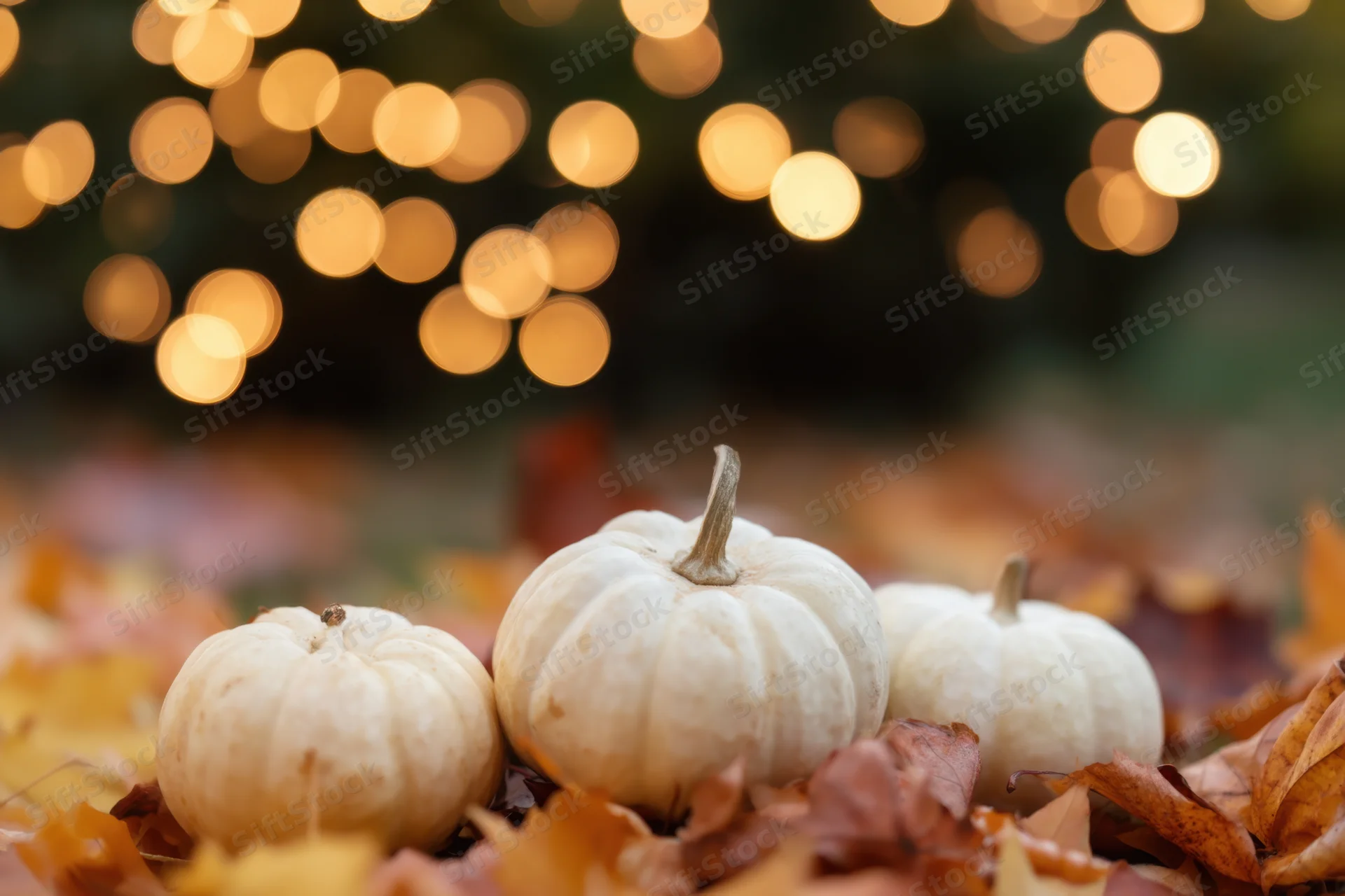 Three white pumpkins nestled among fallen autumn leaves with warm bokeh lights in the background
